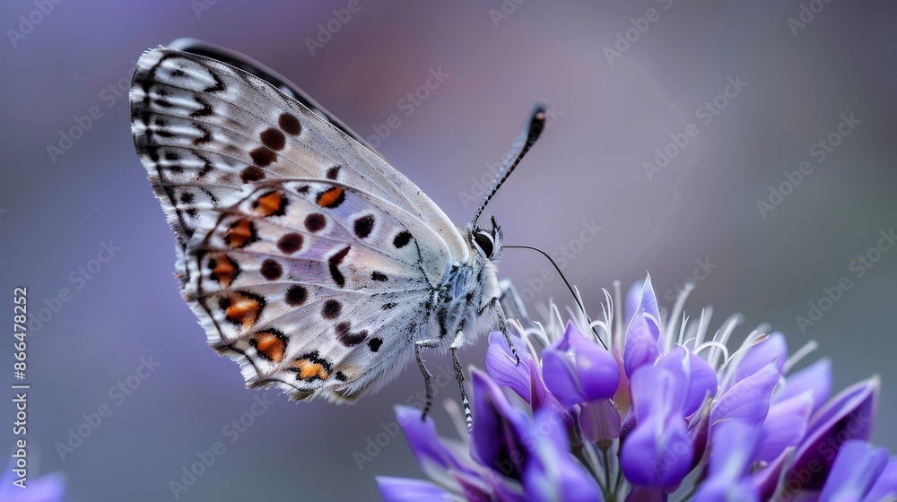 Macro nature landscape chamomile, purple peas, and butterfly in morning haze with cool blue tones Macro nature landscape chamomile, purple peas, and butterfly in morning haze with cool blue tones