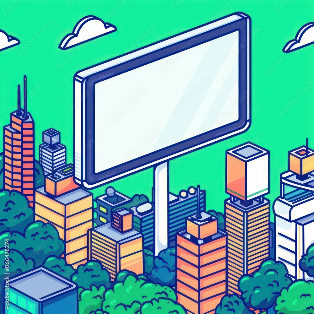 Obraz premium A conceptual illustration of advertising strategies with digital billboards and targeted ads, ideal for a marketing banner with space for copy