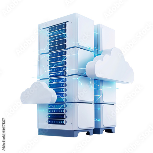 Illustration of a cloud computing server with connecting clouds and blue digital circuits. Represents data storage and internet technology.