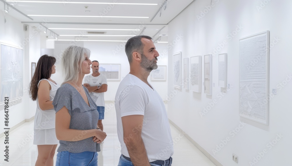 Obraz premium A group of people are looking at a white wall with many pictures on it
