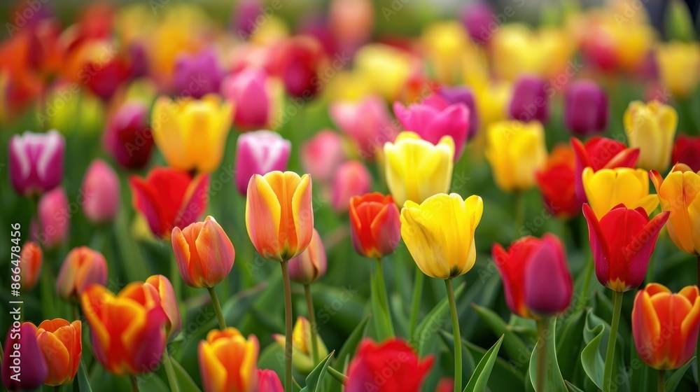 Vibrant field of colorful tulips in bloom. Spring flowers in red, yellow, pink, and purple. Vibrant field of colorful tulips in bloom. Spring flowers in red, yellow, pink, and purple.
