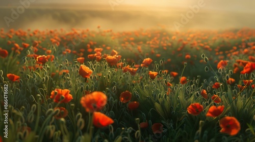 Scenic landscape of poppy field bathed in golden sunlight, with soft mist creating a dreamlike atmosphere. Perfect for nature, beauty, and tranquility themes.