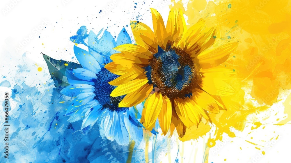 Yellow and blue sunflowers in splashes of watercolor as Ukraine flag colors and Ukrainian culture symbol Yellow and blue sunflowers in splashes of watercolor as Ukraine flag colors and Ukrainian culture symbol