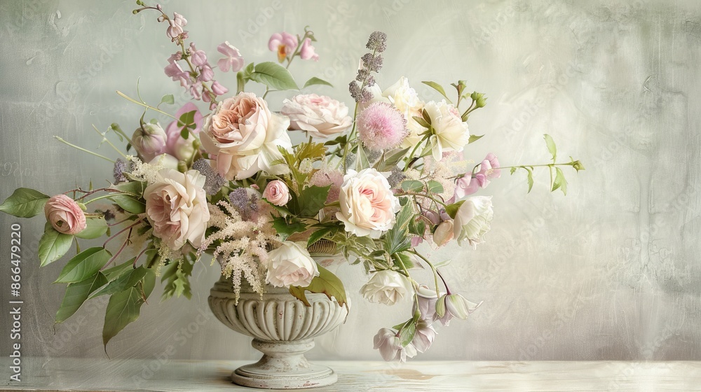 An image of a beautiful bouquet of pink and white roses, other flowers, and greenery arranged in a white vase on a light grey background An image of a beautiful bouquet of pink and white roses, other flowers, and greenery arranged in a white vase on a light grey background
