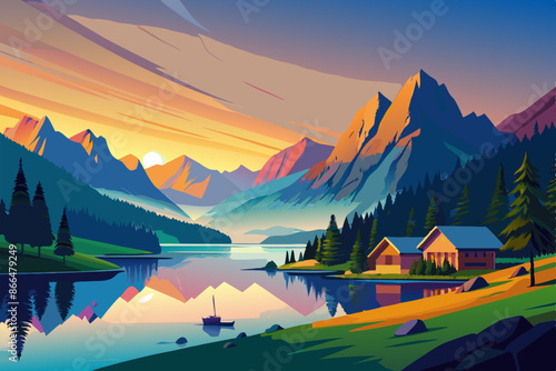 Landscape lake mountain tree see coloring vector