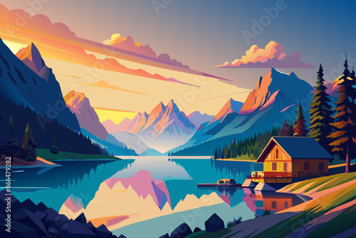 Landscape lake mountain tree see coloring vector