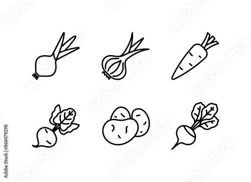 Onion, garlic, carrot, beetroot, potato, radish - vegetables line icon. Linear illustration. Ingredients for cooking. Icon set, thin stroke, editable line