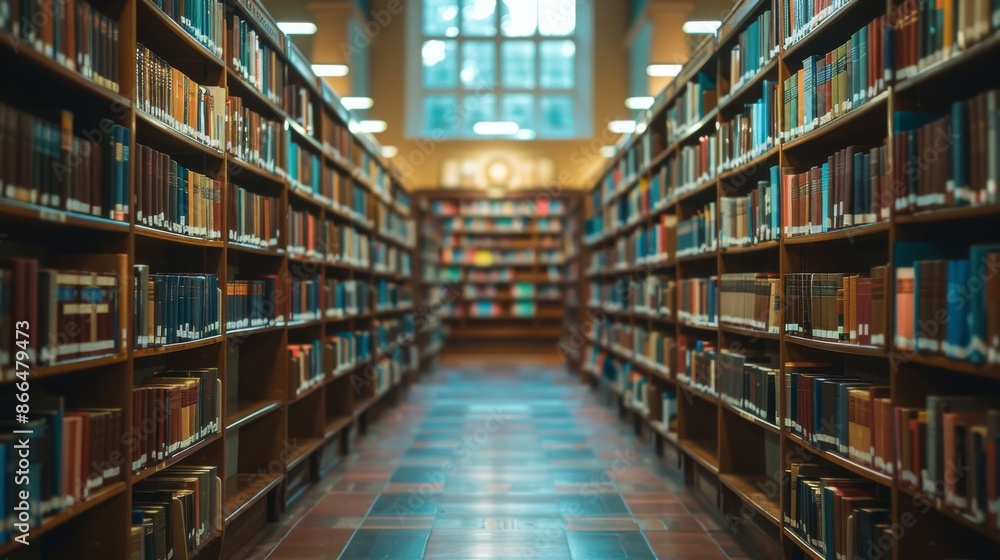 Long aisle of bookshelves in a library with tall windows and a tiled floor. Concept of knowledge, learning, reading, and information. Long aisle of bookshelves in a library with tall windows and a tiled floor. Concept of knowledge, learning, reading, and information.