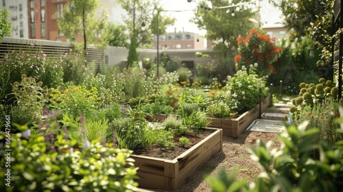 Sustainable urban gardening with raised beds full of fresh, green plants. Concept of urban farming, healthy living, and growing your own food