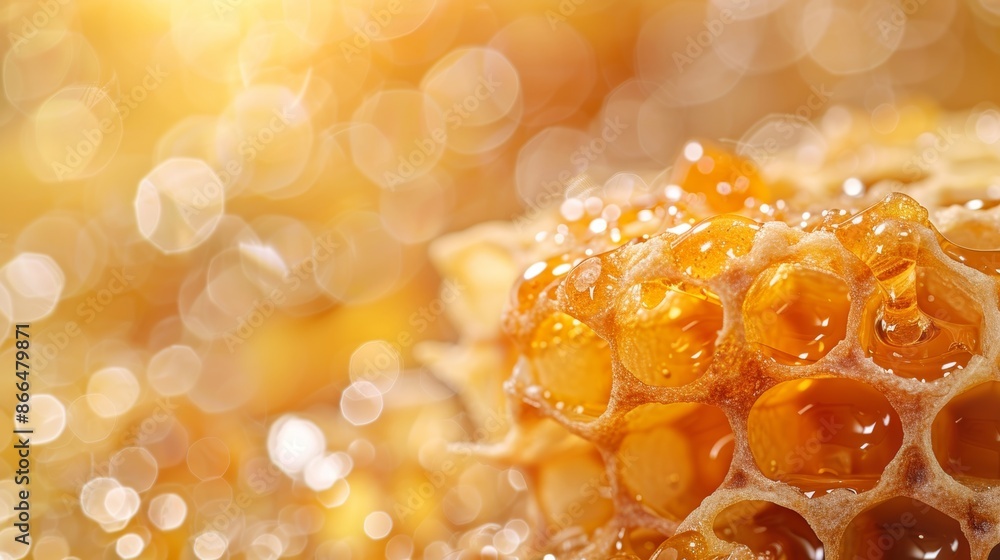 Macro shot of a honeycomb structure filled with golden honey, isolated on a white background. The honey is dripping from the cells, creating a sweet and delicious visual Macro shot of a honeycomb structure filled with golden honey, isolated on a white background. The honey is dripping from the cells, creating a sweet and delicious visual