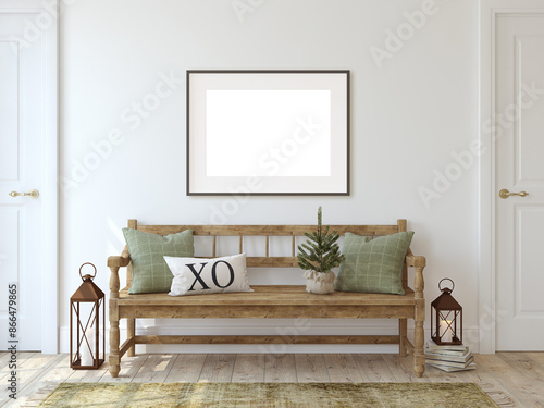 Interior of a farmhouse style hallway with a christmas decor. 3d rendering.