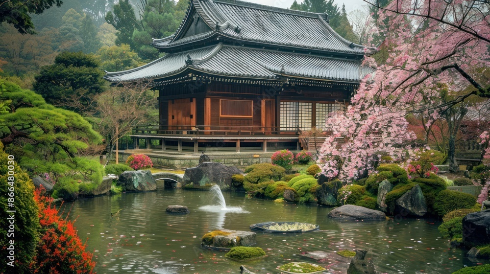 Serene Japanese Garden with Traditional House, Pond, and Cherry Blossoms in Bloom Serene Japanese Garden with Traditional House, Pond, and Cherry Blossoms in Bloom