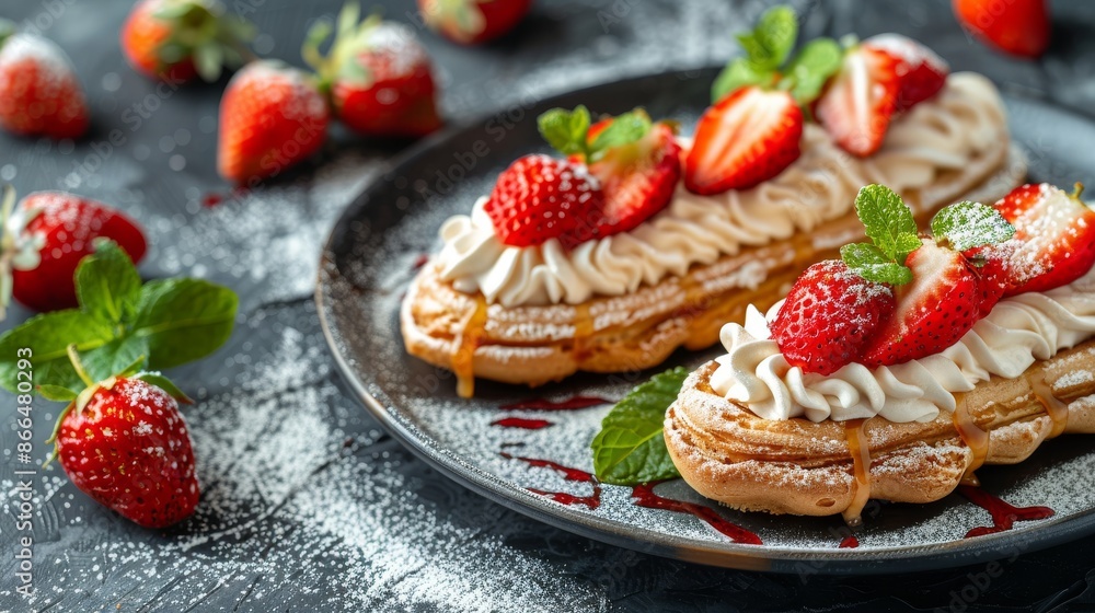 Delicious strawberry and cream dessert pastries with powdered sugar and caramel drizzle on a black plate. Delicious strawberry and cream dessert pastries with powdered sugar and caramel drizzle on a black plate.