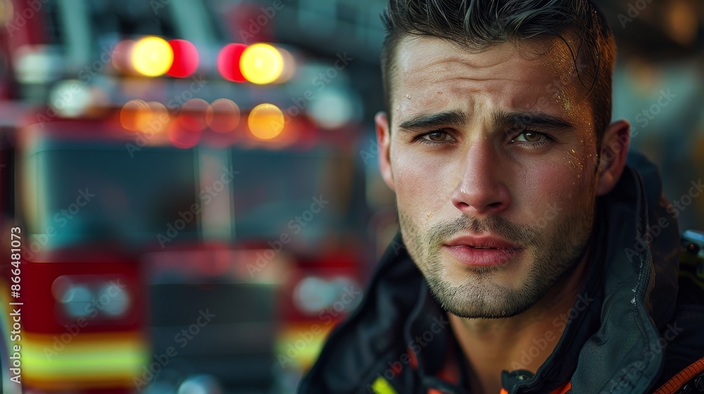 Brave Firefighter Portrait With Blurred Fire Truck Brave Firefighter Portrait With Blurred Fire Truck