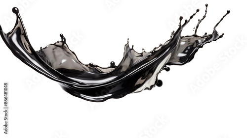 Black glossy liquid paint moving and spray droplets in a twisted curve shape on an isolated transparent png background. Splash of black liquid.
