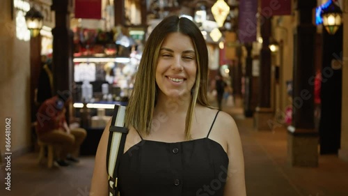 Wallpaper Mural A smiling woman tourist enjoys exploring the traditional arabic architecture of souk madinat jumeirah in dubai, uae. Torontodigital.ca