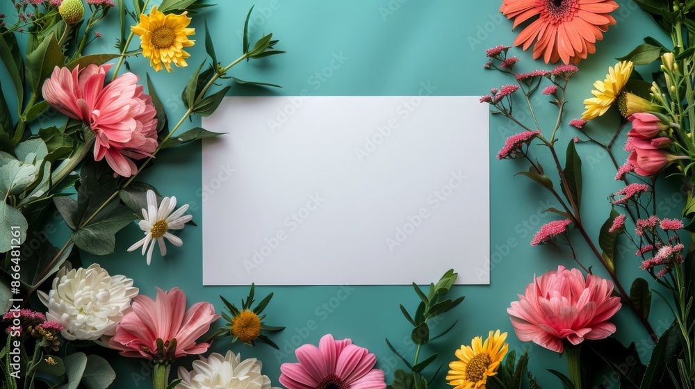 Blank white card with colorful spring flowers arranged around the edges on a teal background. Flat lay, top view. Perfect for greeting card, invitation, or wedding announcements. Blank white card with colorful spring flowers arranged around the edges on a teal background. Flat lay, top view. Perfect for greeting card, invitation, or wedding announcements.