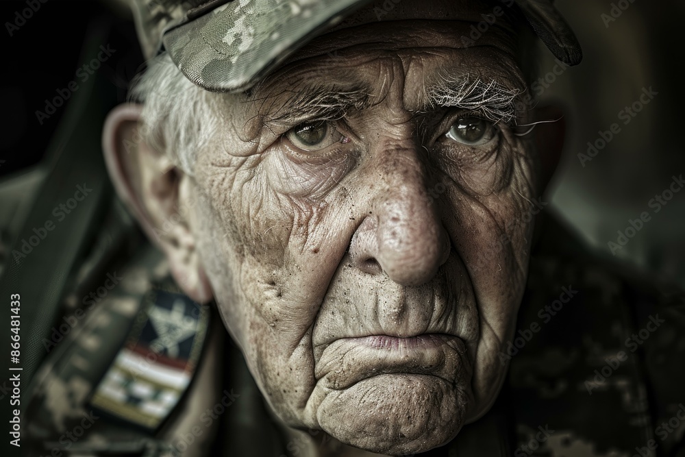 Closeup of a senior male veteran wearing a military uniform, showing a poignant, reflective expression Closeup of a senior male veteran wearing a military uniform, showing a poignant, reflective expression