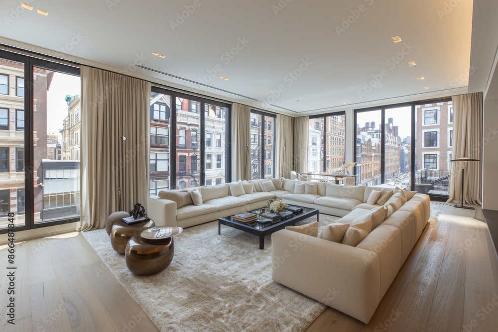 Fototapeta premium Modern living room with light walls, dark hardwood floors, large white sectional sofa, glass coffee table, gray rug, and ottomans. Bright and spacious with natural light