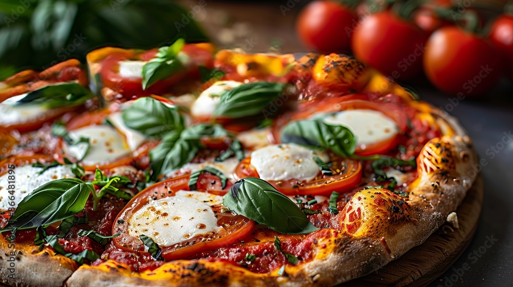 Close-Up of Freshly Baked Margherita Pizza with Mozzarella and Basil Close-Up of Freshly Baked Margherita Pizza with Mozzarella and Basil