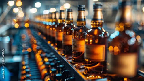 Automated whiskey bottle filling line with labeled bottles on conveyor belts in food manufacturing
