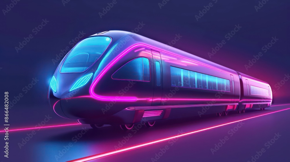 Naklejka premium A detailed depiction of a highspeed train with holographic windows and neon lines, isolated on a clean backdrop