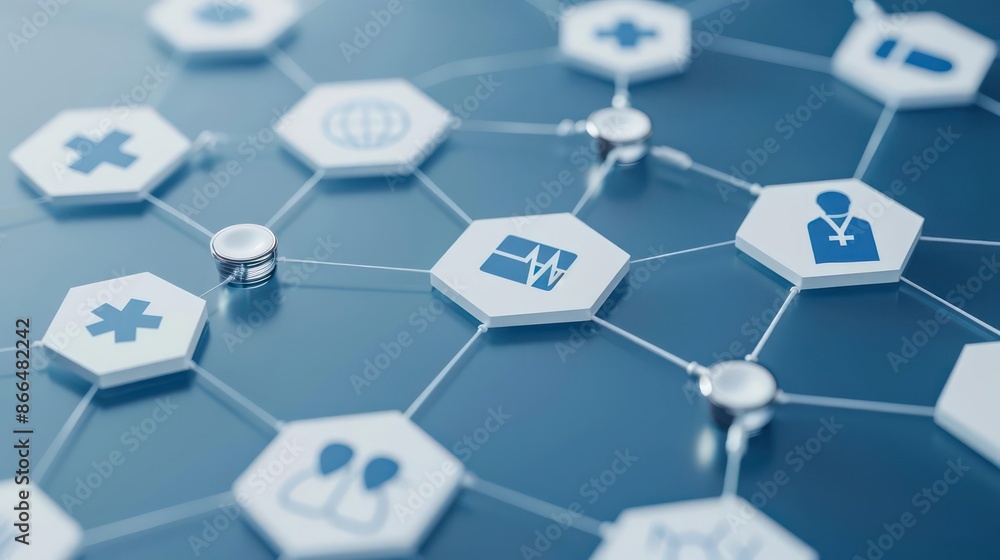 A detailed depiction of a healthcare network with interconnected hospitals and clinics, isolated with room for text on a clean backdrop A detailed depiction of a healthcare network with interconnected hospitals and clinics, isolated with room for text on a clean backdrop