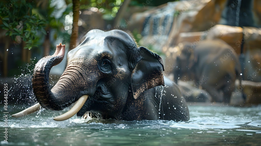 Fototapeta premium A male Asian elephant is enjoying bathing. 
