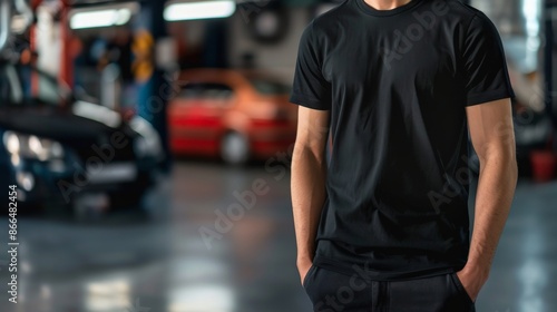 A man in a black shirt stands in a garage with cars in the background