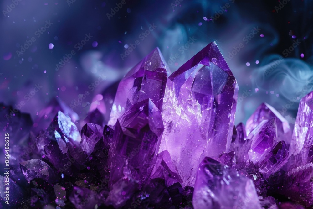 Mystical and sparkling amethyst crystal cluster with a dark background. A beautiful and reflective gemstone with a shimmering purple hue. Perfect for jewelry. Meditation. And spiritual energy Mystical and sparkling amethyst crystal cluster with a dark background. A beautiful and reflective gemstone with a shimmering purple hue. Perfect for jewelry. Meditation. And spiritual energy