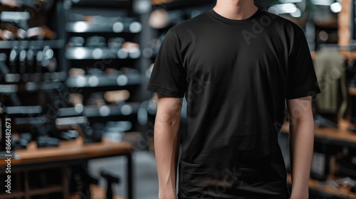 A man wearing a plain black t-shirt mockup in a retail store