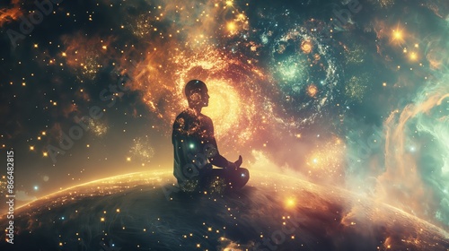 Enlightened Figure Meditating on a Planet in a Vibrant Cosmic Nebula