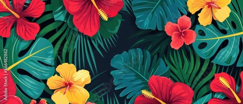 Wallpaper Mural A detailed illustration of tropical flowers and leaves in bold colors, ideal for a summer banner with space for copy Torontodigital.ca