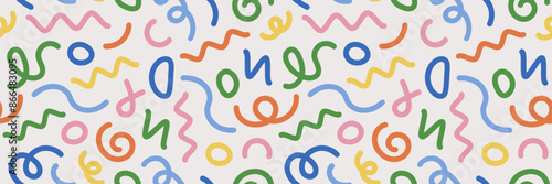 Fun colorful abstract panoramic background in doodle style. Creative minimalist hand drawn pattern with bright cute elements. Simple childish scribble backdrop