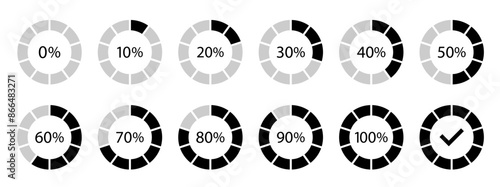 Circle loading and circle progress collection. Set of circle percentage diagrams for infographics, 0, 10, 20, 30, 40, 50, 60, 70, 80, 90, 100 percent.