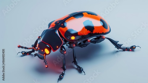 A detailed illustration of a cyber ladybug with bright, glowing spots and robotic legs, isolated on a white background photo