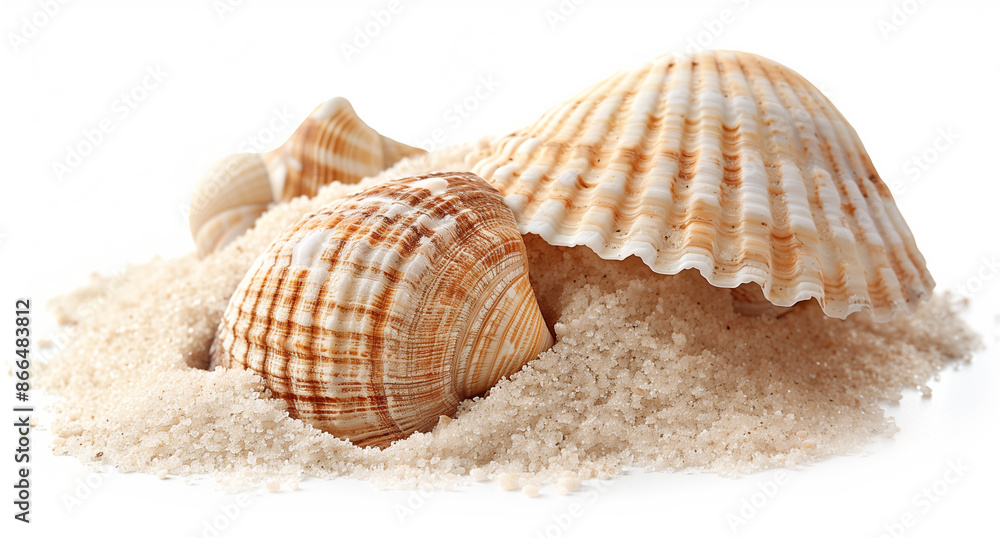 seashells resting on a pile of sea sand, isolated against a white background. Simple and serene, capturing the essence of coastal beauty. seashells resting on a pile of sea sand, isolated against a white background. Simple and serene, capturing the essence of coastal beauty.