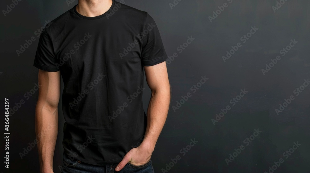 A man in a black t-shirt with his hand in his pocket against a dark grey background A man in a black t-shirt with his hand in his pocket against a dark grey background