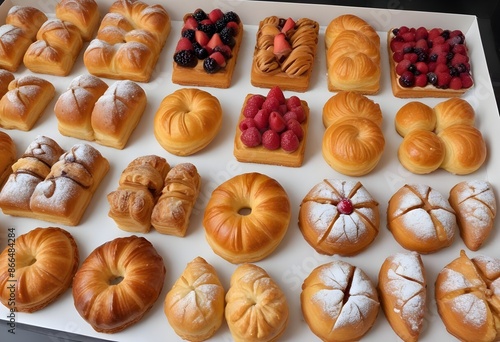 Delicious variety of fresh pastries in a bakery shop, chocolate, cream, jelly, butter, nuts, empty, berries, jam, confiture, coffe, ones, italian pastries