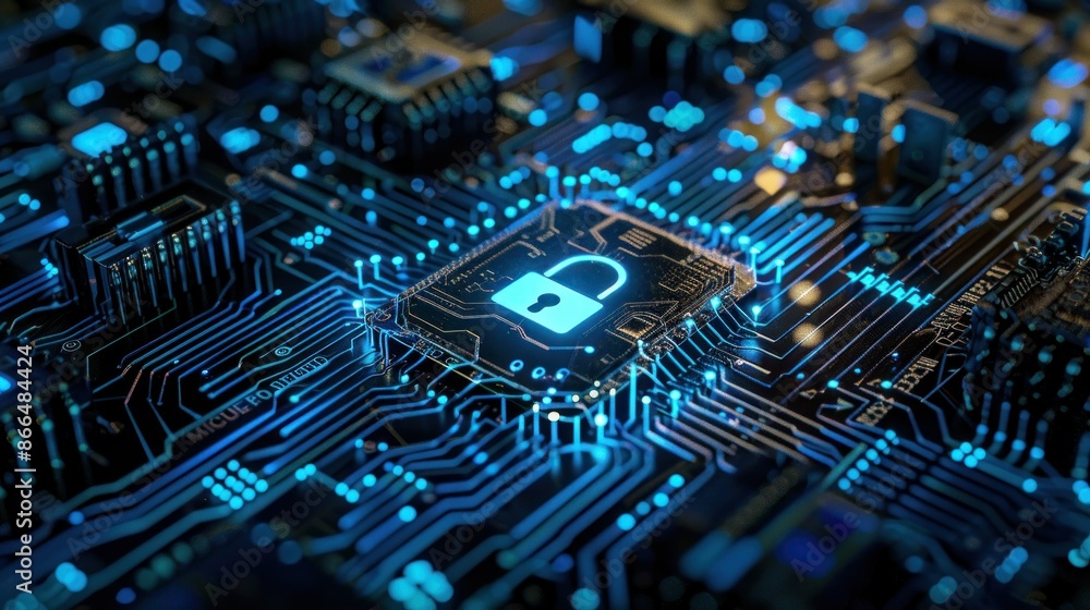 Cybersecurity concept. Glowing padlock icon on a futuristic circuit board, symbolizing data protection, network security, and digital privacy. Cybersecurity concept. Glowing padlock icon on a futuristic circuit board, symbolizing data protection, network security, and digital privacy.