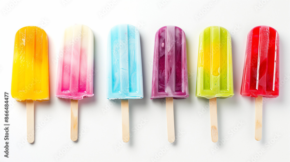 A set of appetizing colorful summer popsicles ice creams isolated on a white background A set of appetizing colorful summer popsicles ice creams isolated on a white background