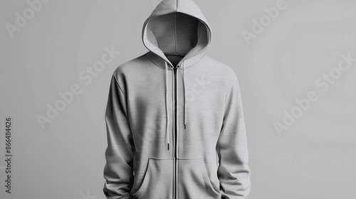 Plain grey zip-up hoodie mockup front view