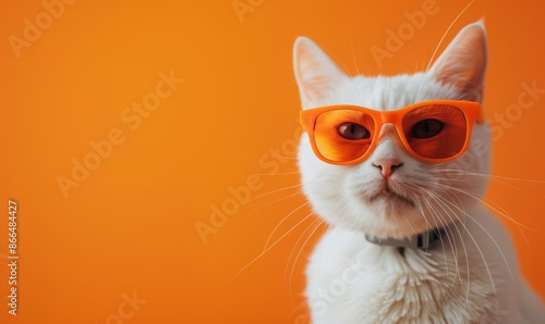 Closeup portrait of a funny white cat wearing orange sunglasses, capturing a humorous and playful moment