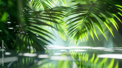 Abstract tropical background with blue water and palm leaves