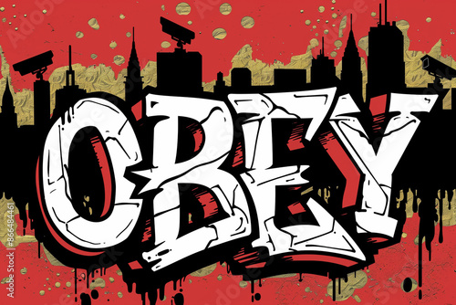 OBEY - graffiti inscription word, vector style. Spray painted tag, street art design and mural. Wallpaper and background resource.