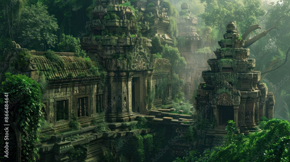 Ancient jungle temple ruins overgrown with vines and trees, evoking a ...