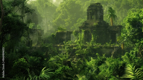 Ancient jungle temple ruins overgrown with lush vegetation. Concept of mystery, history, exploration, and lost civilization.