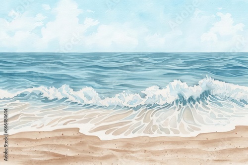 A detailed watercolor depiction of a serene beach with gentle waves and sandy shores, perfect for a vacationthemed illustration photo