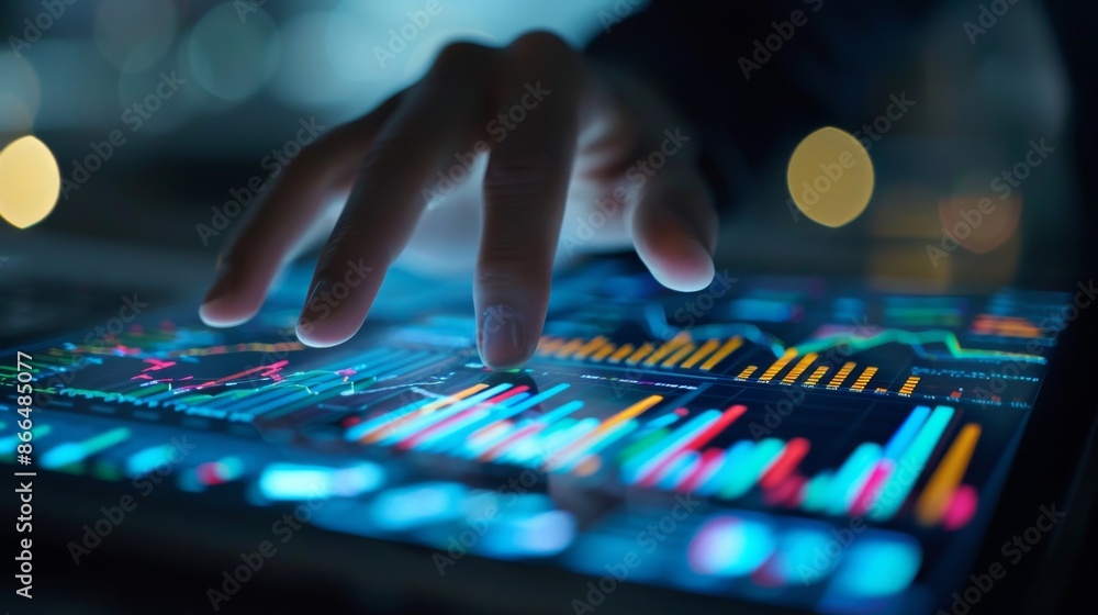 Close-up of a hand analyzing financial charts and graphs on a tablet Close-up of a hand analyzing financial charts and graphs on a tablet