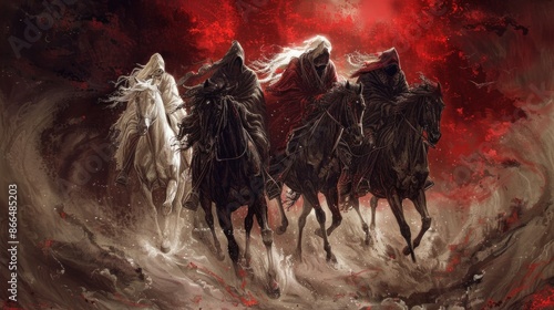 Four Horsemen of the Apocalypse - white for conquest, red for war, black for pestilence or famine, and pale for death photo